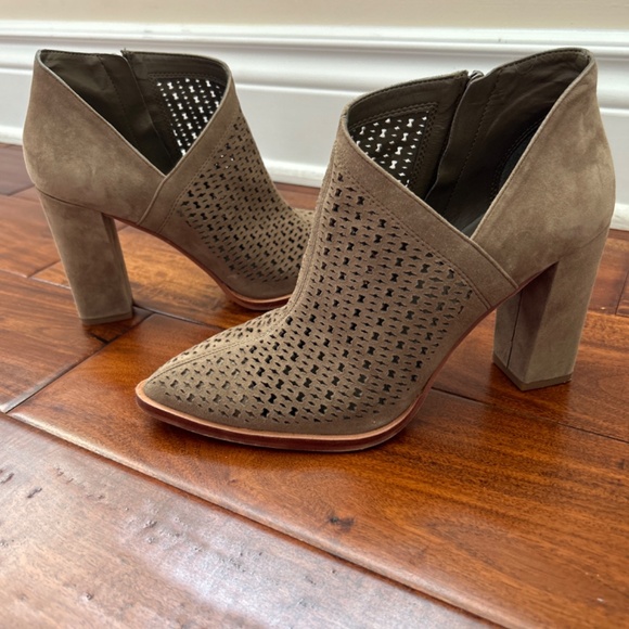 Vince Camuto Lorva Suede Ankle Booties | Size 9 | Taupe | Block Heel |Perforated - Picture 6 of 7